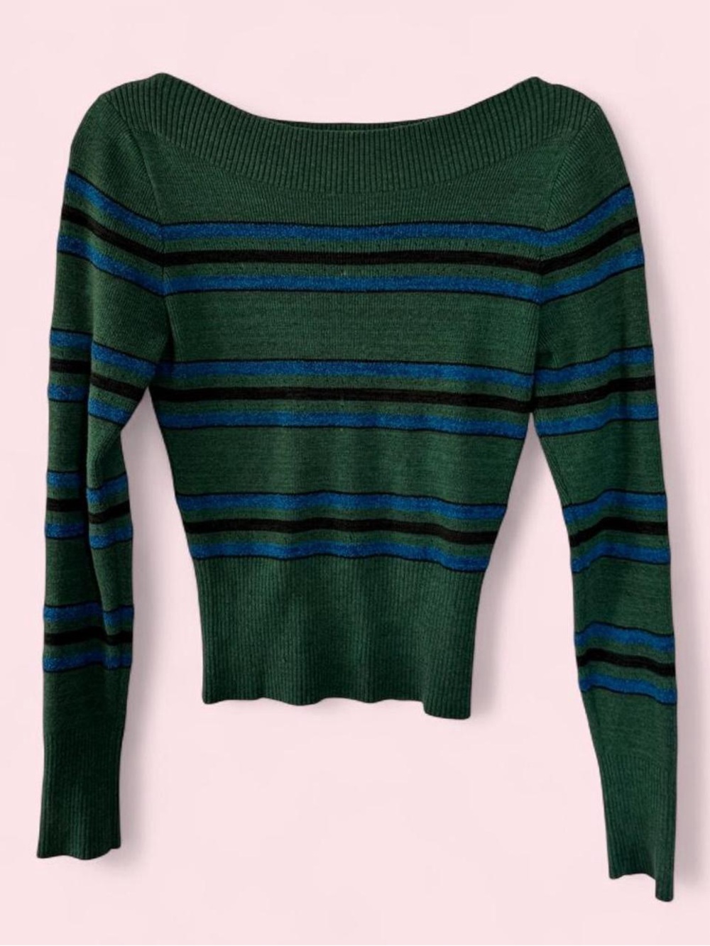 Striped Off-Shoulder Ribbed Sweater - Green
